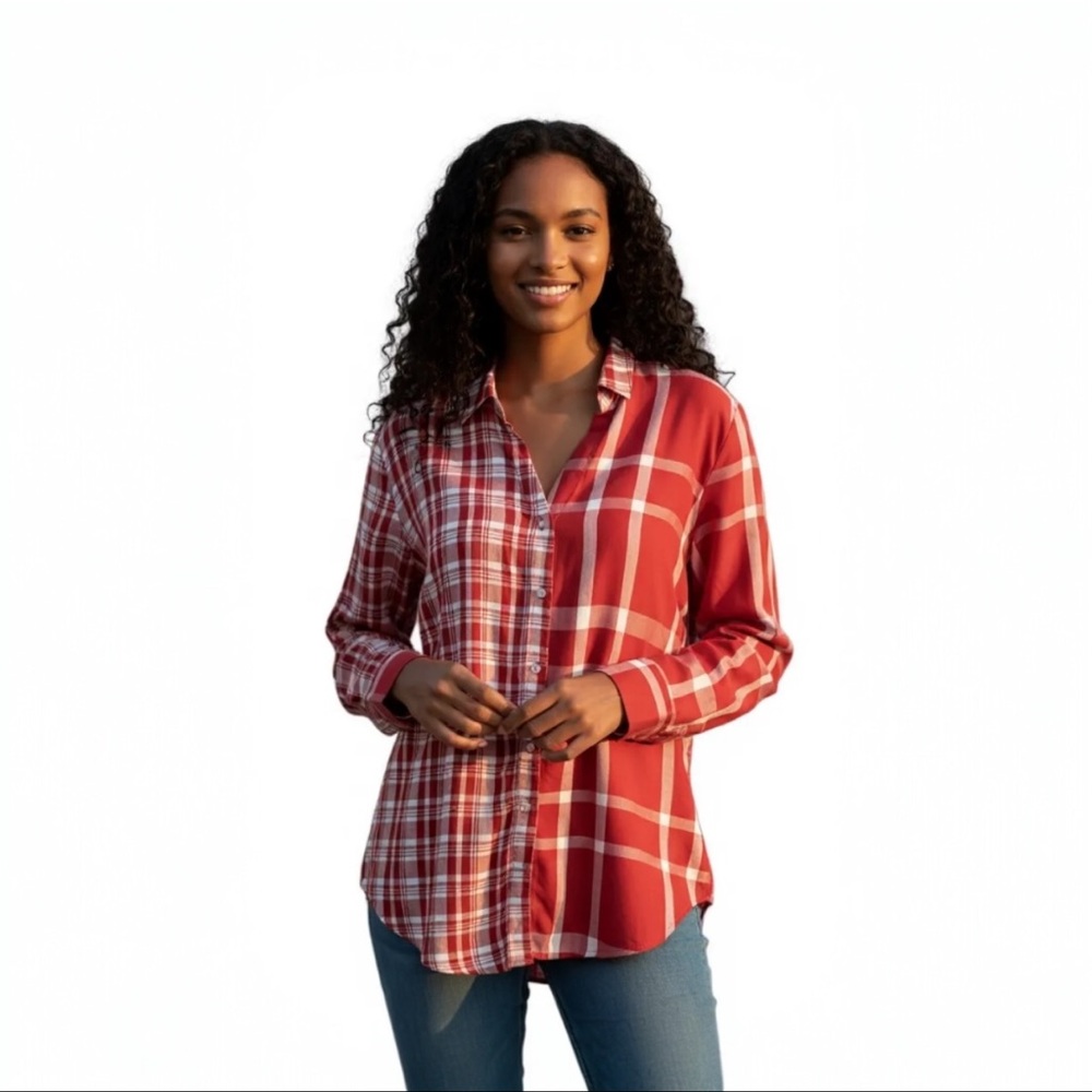 Catoโs, Womenโs Red & White Plaid Button Down, Long Sleeve Shirt. XL Relax Fit